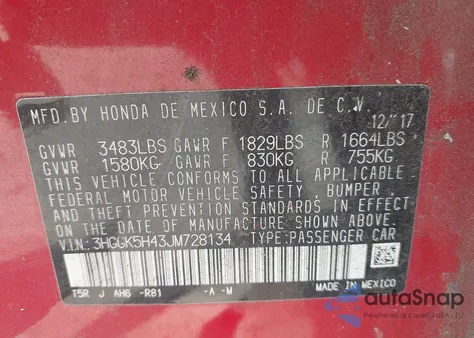 2018 Honda Fit Lx z USA, uszkodzony, nr VIN 3HGGK5H43JM728134